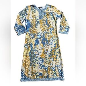 J. McLaughlin Printed Yellow Blue White Dress SZ Small Stretch 3/4 Sleeve